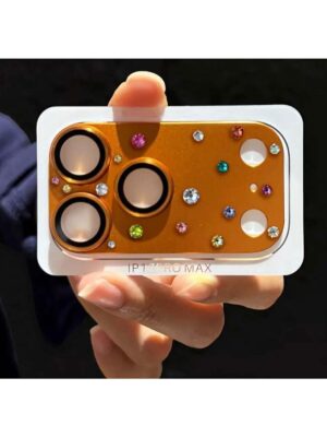 High-End Sparkling Orange Rhinestone 3D Armor Tempered Glass Camera Lens Protector for iPhone 17 Pro