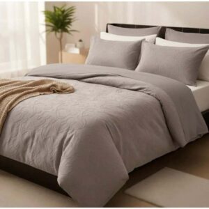 Luxury 6-Piece Bedding Set – Silver Grey Embossed Leaf Design