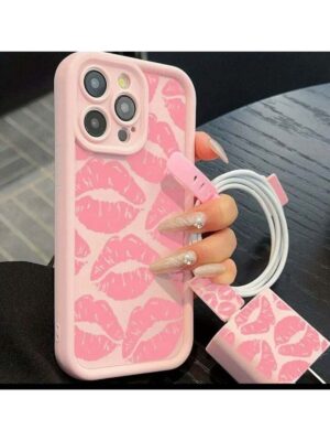 iPhone 14 Plus Pink Kiss Pattern Phone Case + Cable Protectors